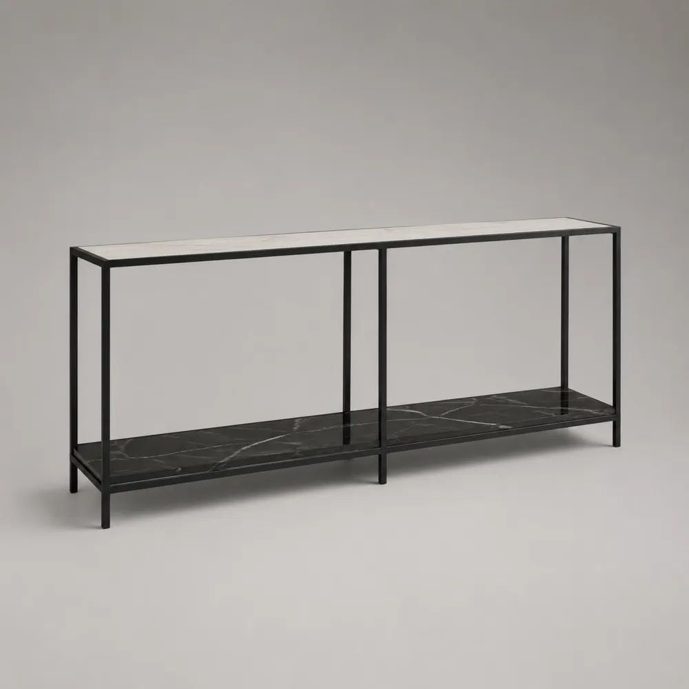 Console rectangulaire à 2 niveaux en acier et panneaux MDF effet marbre blanc et noir, 160 × 35 × 75 cm