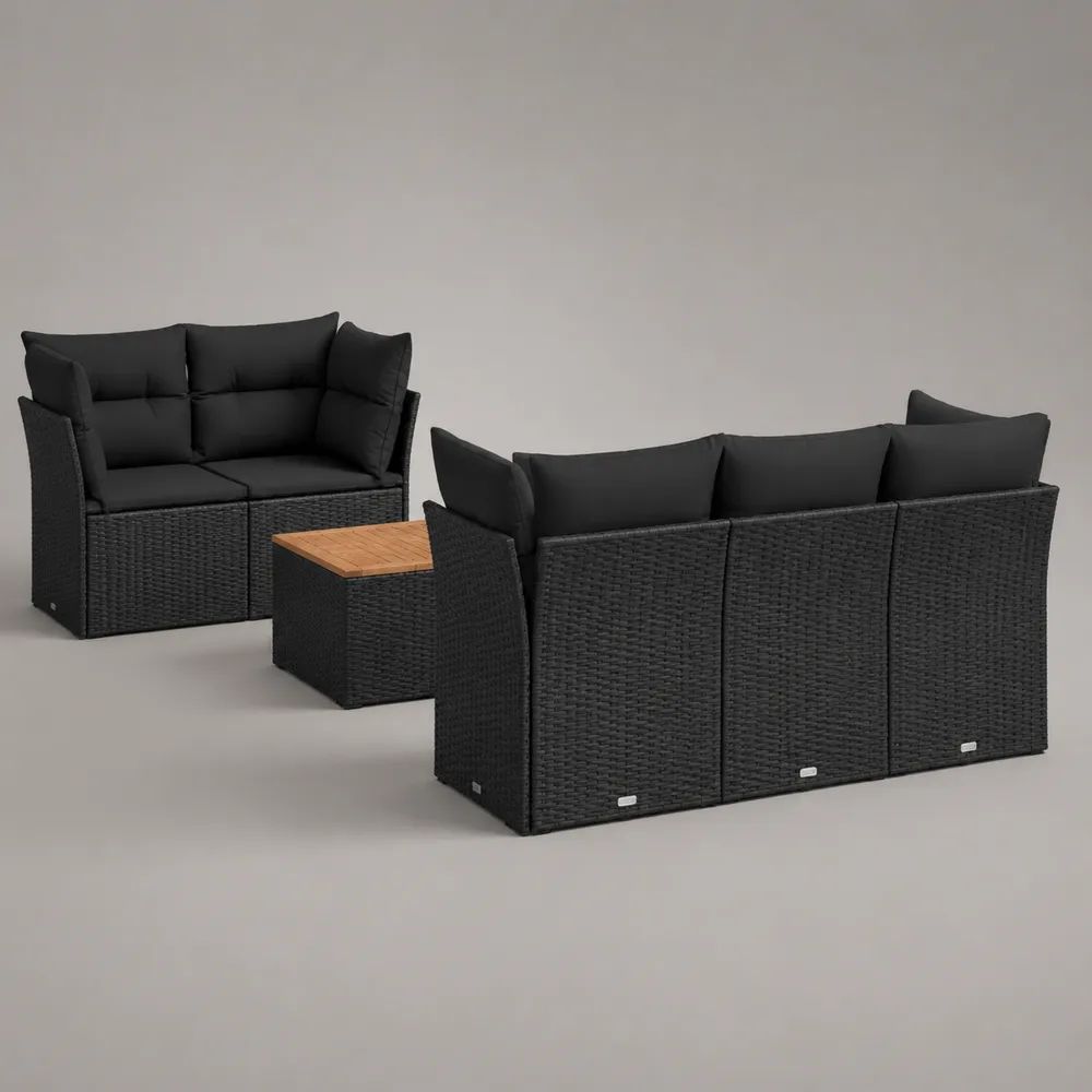 Salon de jardin extérieur 6 pièces 5 places en résine tressée PE noire avec coussins, table carrée et canapé 190 × 65 × 75 cm