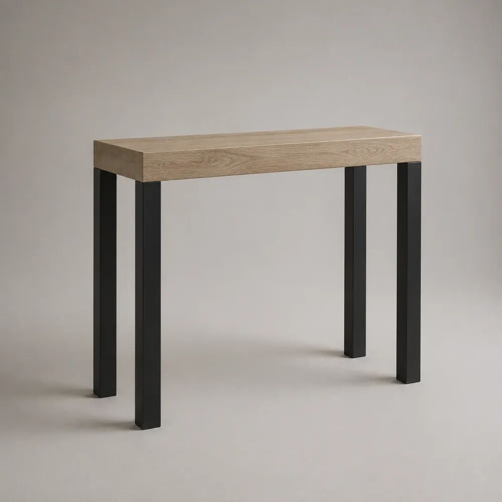 Table console rectangulaire en panneau de particules et acier, chêne naturel et noir, 100 × 30 × 80 cm