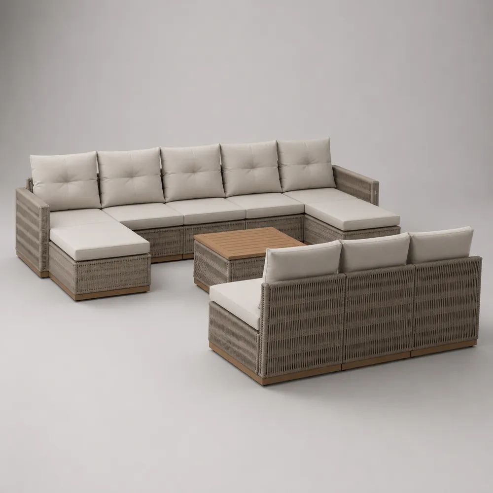 Salon de jardin extérieur 8 places en résine tressée taupe et bois, canapé d’angle 320 x 210 x 78 cm, canapé 3 places 190 x 78 x 78 cm et table basse 90 x 65 x 45 cm