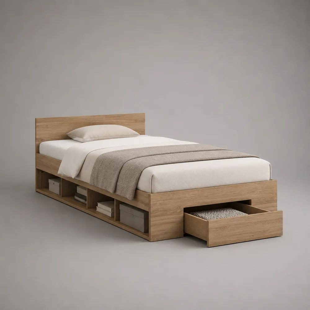 Lit avec rangements 140 x 190 cm en panneaux de particules mélaminés imitation chêne naturel, 1 tiroir et 4 niches