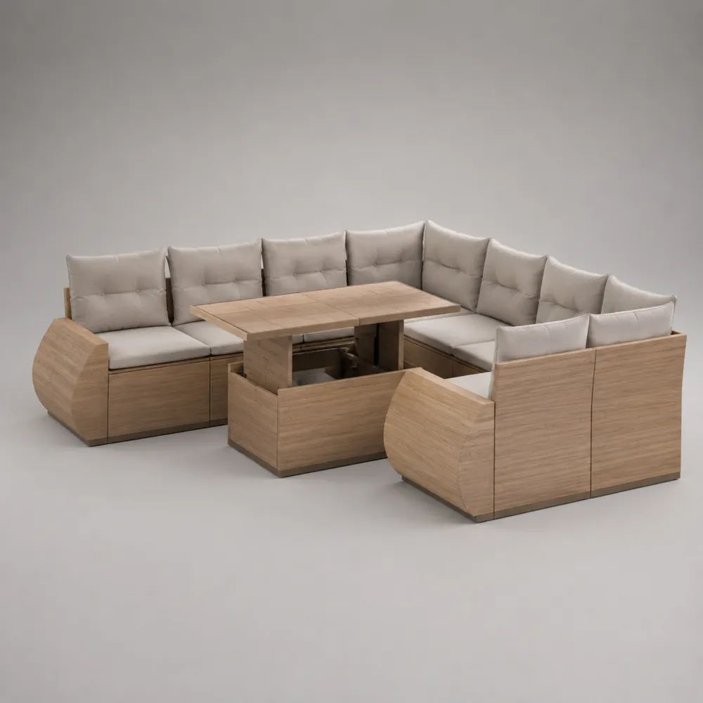 Salon de jardin d’angle en U 9 places avec table relevable en bois, beige et marron clair, 265 × 200 × 85 cm