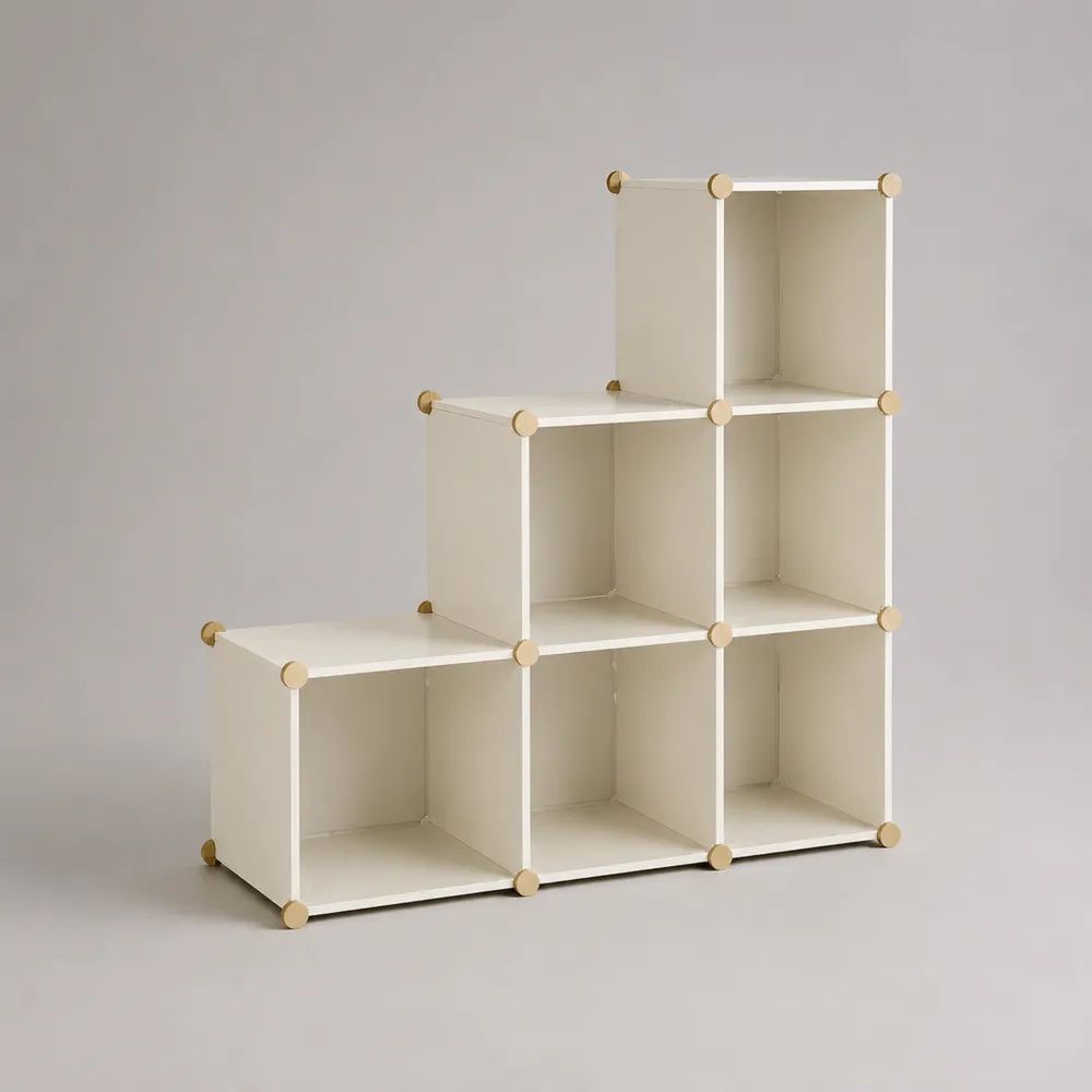 Meuble à chaussures modulable en escalier, 6 cubes en plastique et métal, blanc et beige, 90 × 30 × 90 cm