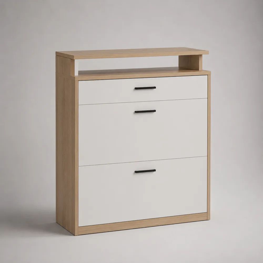 Meuble à chaussures étroit en bois, 2 abattants, 1 tiroir et 1 niche, chêne clair et blanc, 80 × 24 × 105 cm