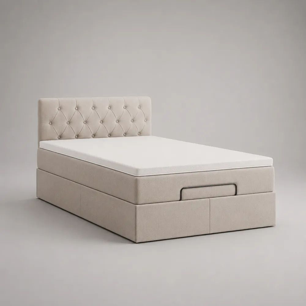 Lit coffre 2 places beige 140 x 190 cm avec matelas en mousse de 18 cm et tête de lit capitonnée en tissu
