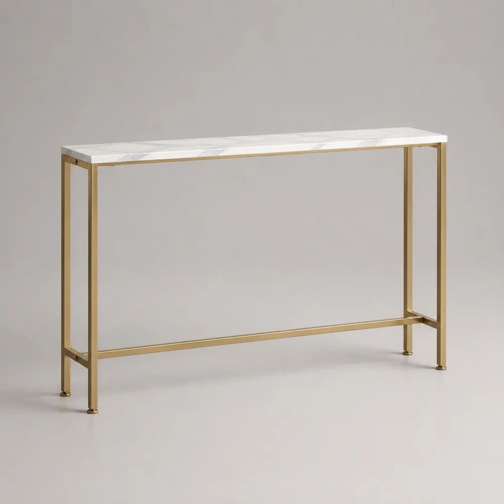 Console rectangulaire en acier et MDF effet marbre blanc et doré, 120 × 30 × 80 cm