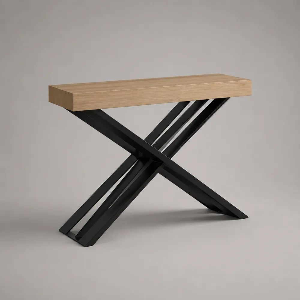 Console d’entrée rectangulaire à 2 tiroirs en bois et métal, chêne naturel et noir, 120 × 35 × 80 cm