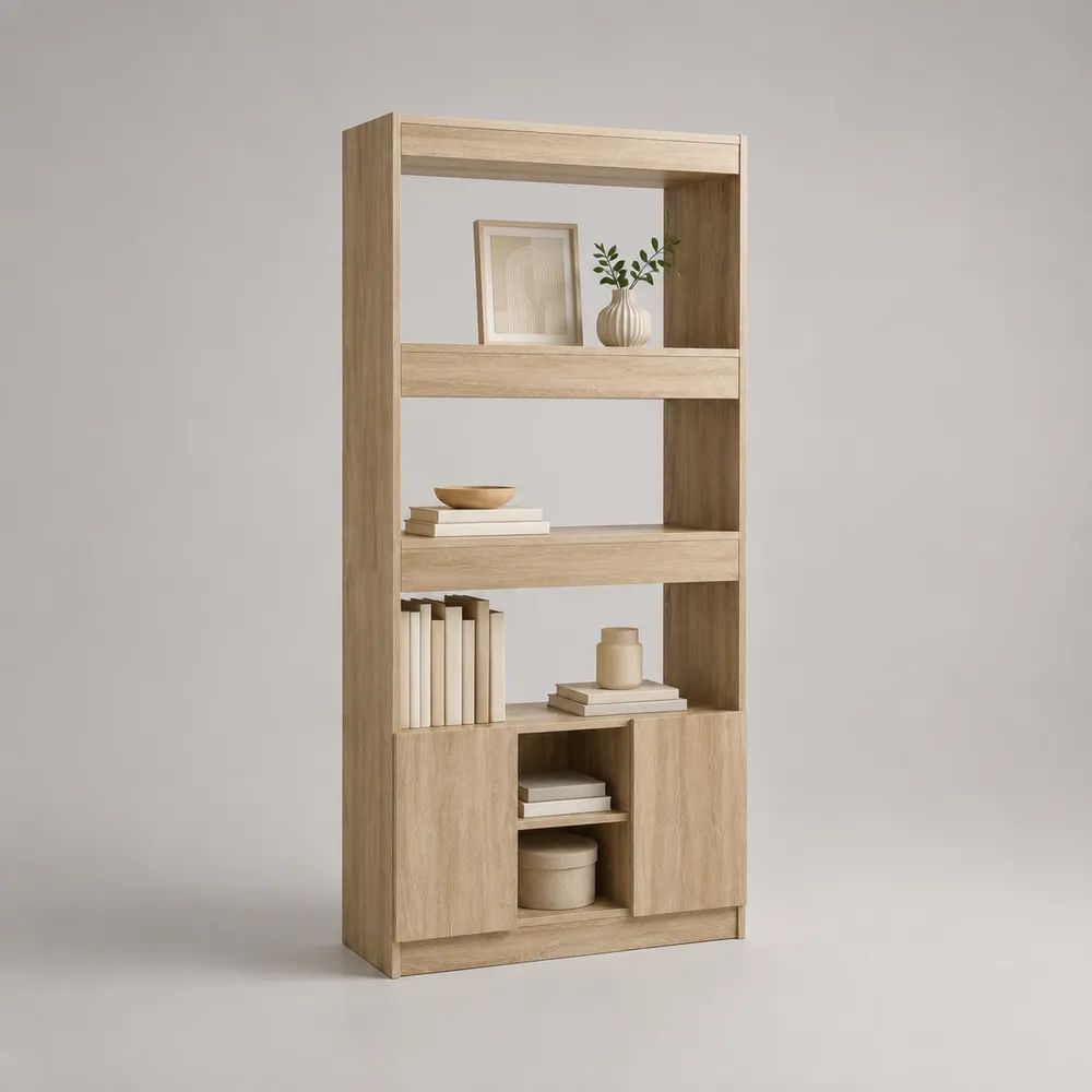 Bibliothèque étagère sur pied en panneaux de particules effet chêne clair, 80 x 30 x 180 cm