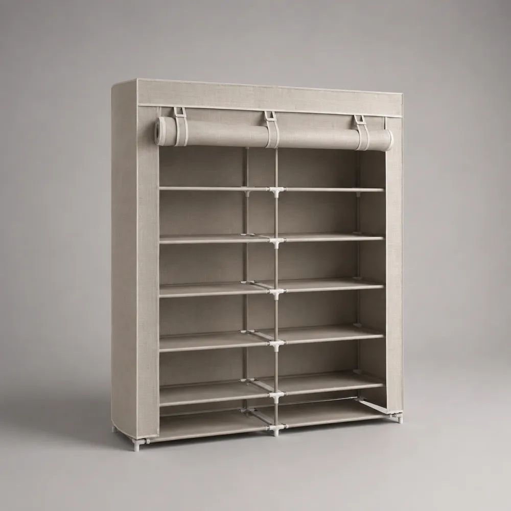 Meuble à chaussures 12 compartiments en acier et polypropylène non tissé beige, 110 × 30 × 160 cm
