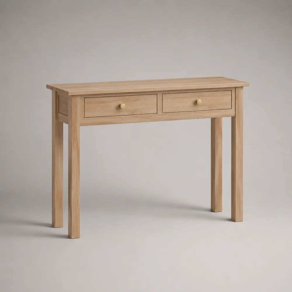 Console d’entrée rectangulaire en bois à 2 tiroirs, chêne naturel, 100 × 35 × 80 cm