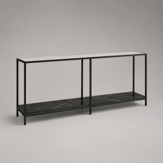 Console rectangulaire à 2 niveaux en acier et panneaux MDF effet marbre blanc et noir, 160 × 35 × 75 cm