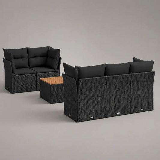 Salon de jardin extérieur 6 pièces 5 places en résine tressée PE noire avec coussins, table carrée et canapé 190 × 65 × 75 cm
