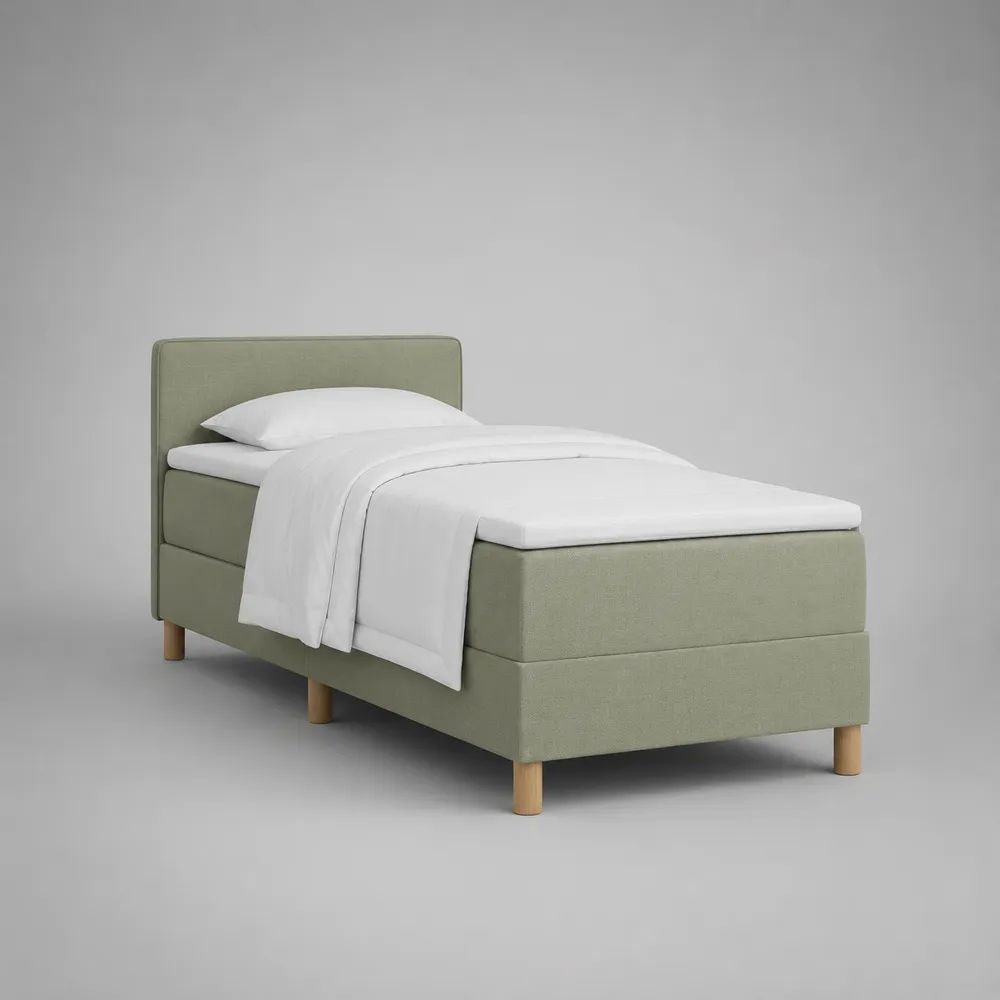 Lit simple rembourré en tissu vert sauge avec sommier à lattes et tête de lit, couchage 90 × 200 cm