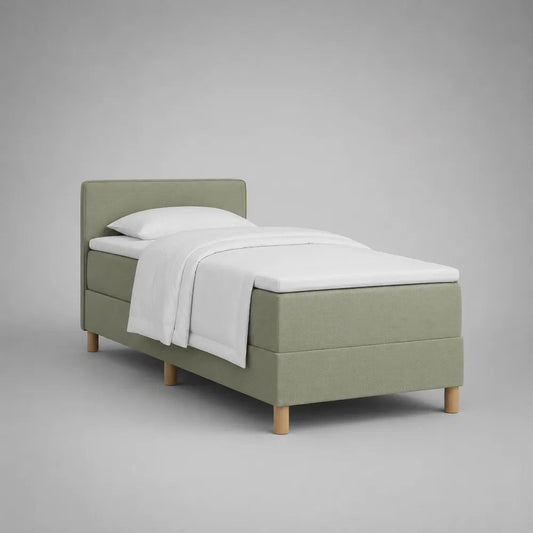 Lit simple rembourré en tissu vert sauge avec sommier à lattes et tête de lit, couchage 90 × 200 cm