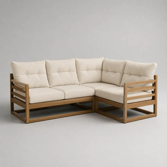 Canapé d’angle de jardin 4 places en bois massif avec coussins en tissu beige, 205 x 135 x 77 cm