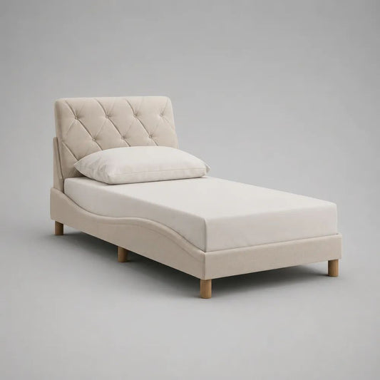 Cadre de lit simple rembourré beige en tissu et bois avec tête de lit capitonnée, couchage 90 x 190 cm, dimensions 203 x 101 x 110 cm