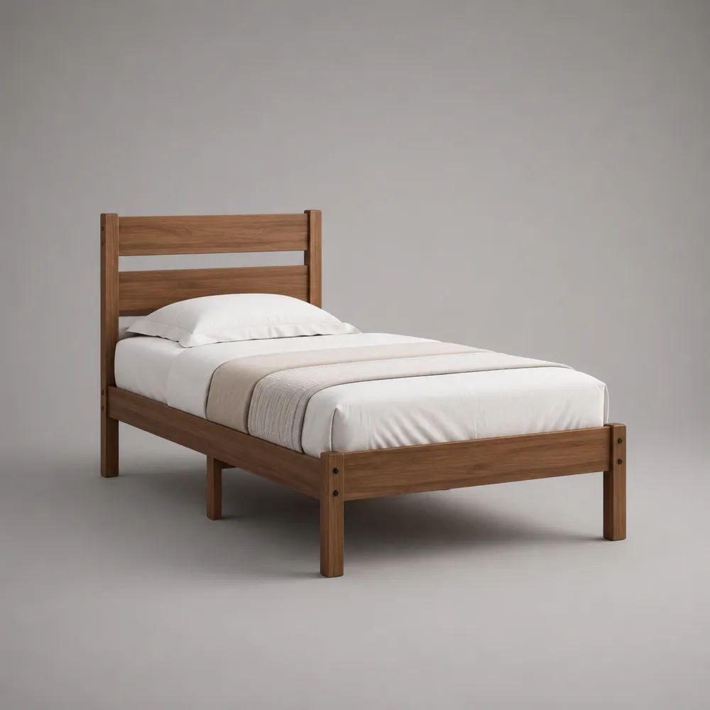 Lit simple 1 place 90 × 190 cm en pin massif brun noyer avec tête de lit rectangulaire