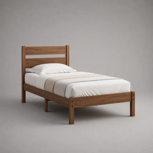 Lit simple 1 place 90 × 190 cm en pin massif brun noyer avec tête de lit rectangulaire