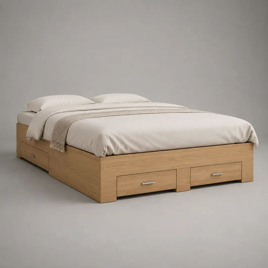 Lit double avec rangement 160 x 200 cm, cadre plateforme en panneaux de particules effet chêne naturel, 3 tiroirs, 206 x 166 x 45 cm