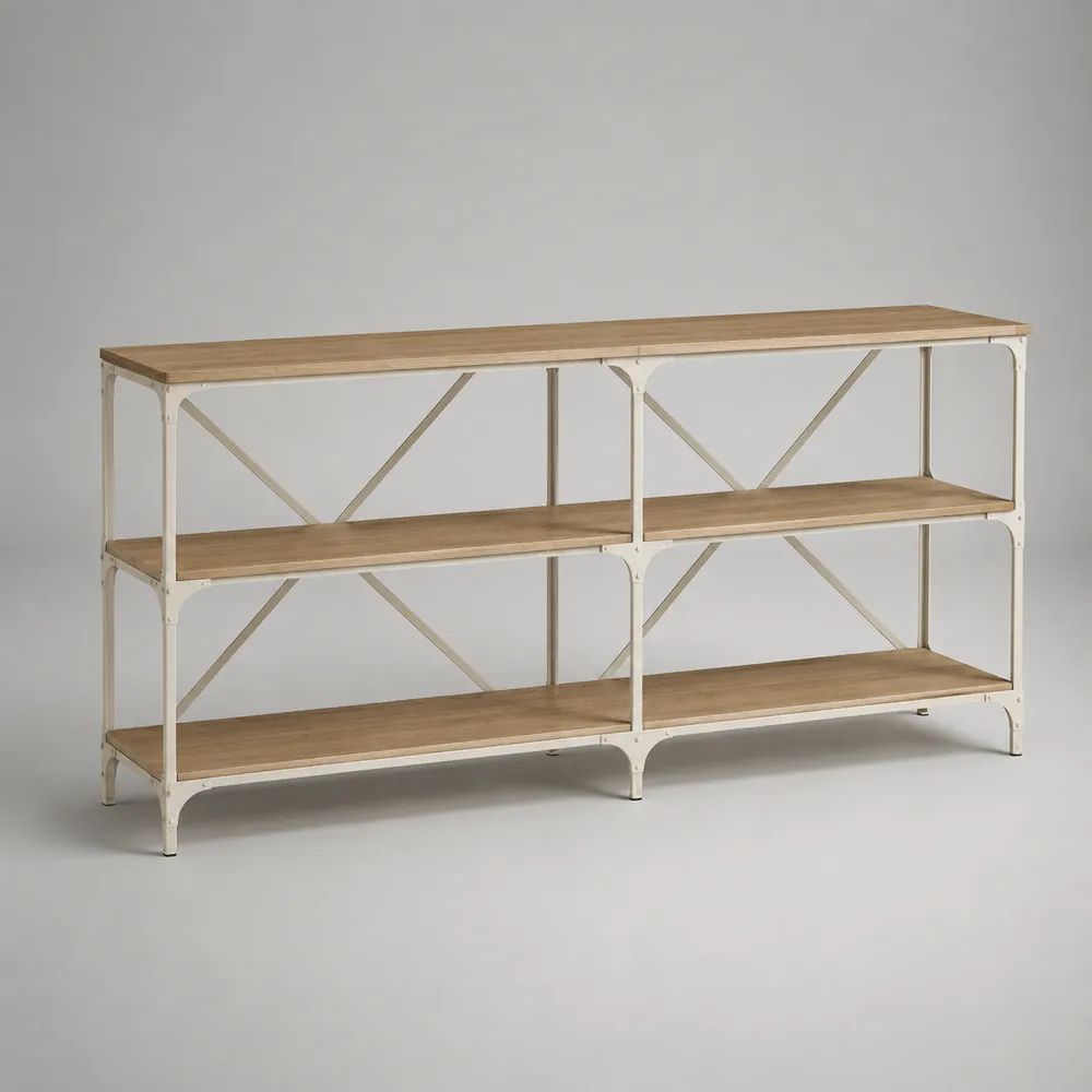 Console étagère rectangulaire à 3 niveaux en sapin massif et acier blanc cassé, 180 × 40 × 90 cm