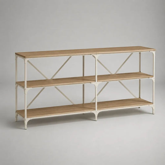 Console étagère rectangulaire à 3 niveaux en sapin massif et acier blanc cassé, 180 × 40 × 90 cm