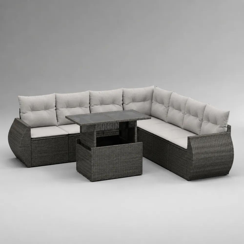 Salon de jardin d’angle 7 places avec table réglable en résine tressée gris foncé et coussins gris clair, 260 × 200 × 80 cm