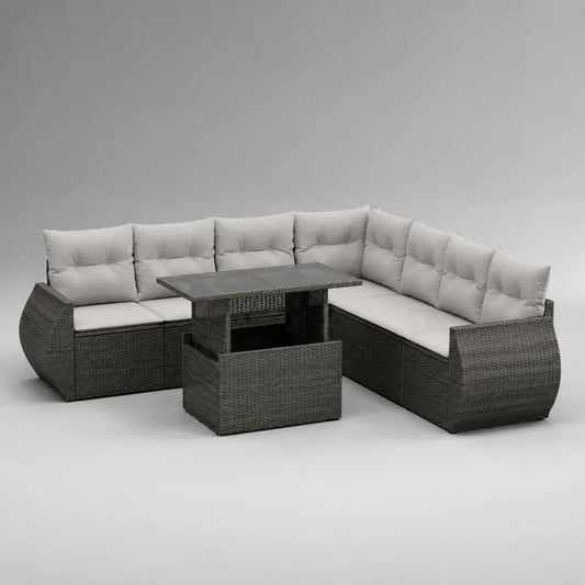Salon de jardin d’angle 7 places avec table réglable en résine tressée gris foncé et coussins gris clair, 260 × 200 × 80 cm