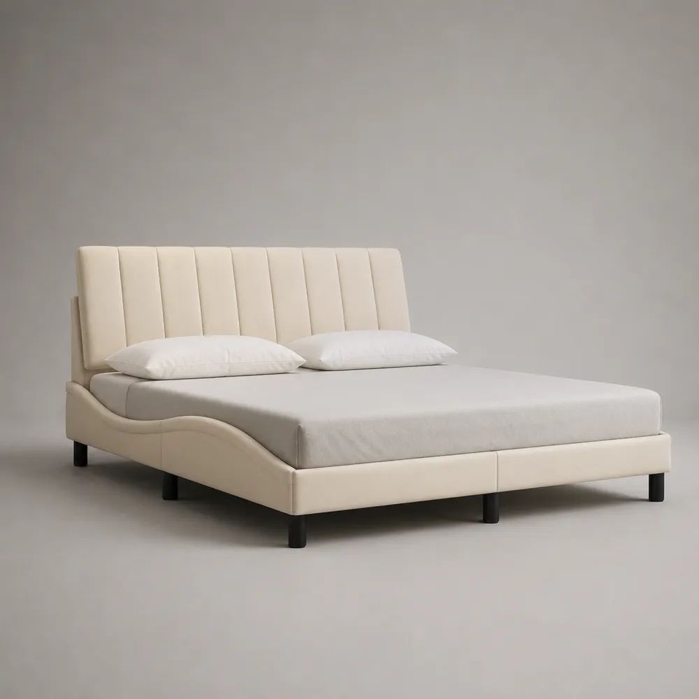 Lit double rembourré en polyester beige avec tête de lit, couchage 160 x 200 cm, dimensions 218 x 176 x 105 cm