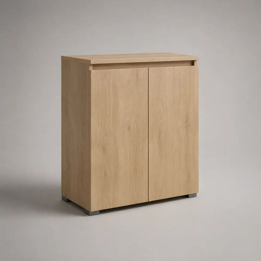 Meuble à chaussures 2 portes en panneaux de particules effet chêne clair, 80 × 35 × 100 cm