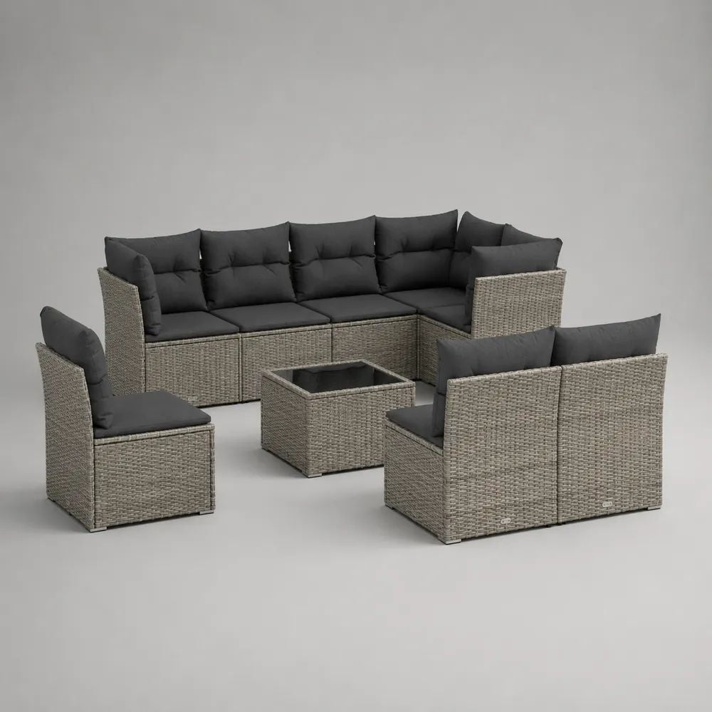 Salon de jardin modulable 9 pièces en résine tressée gris clair avec coussins gris anthracite, modules 70 x 70 x 60,5 cm et table 60 x 60 x 30 cm