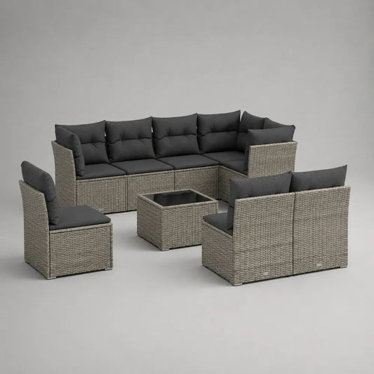 Salon de jardin modulable 9 pièces en résine tressée gris clair avec coussins gris anthracite, modules 70 x 70 x 60,5 cm et table 60 x 60 x 30 cm