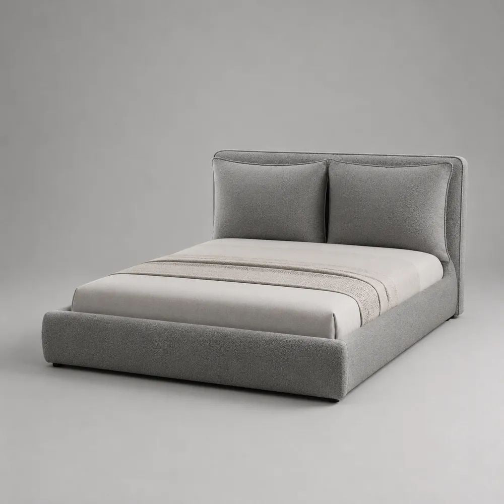 Lit double rembourré en tissu gris clair 160 x 200 cm avec tête de lit à deux coussins et pieds noirs