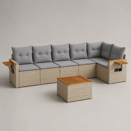 Salon de jardin d’angle modulable 6 places en résine tressée beige avec coussins gris et table coffre, 315 × 210 × 82 cm