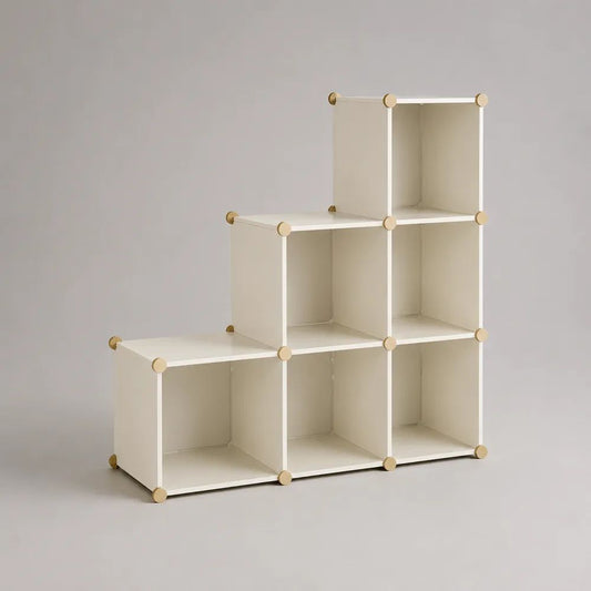 Meuble à chaussures modulable en escalier, 6 cubes en plastique et métal, blanc et beige, 90 × 30 × 90 cm