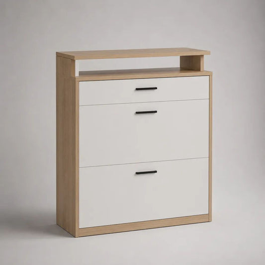 Meuble à chaussures étroit en bois, 2 abattants, 1 tiroir et 1 niche, chêne clair et blanc, 80 × 24 × 105 cm