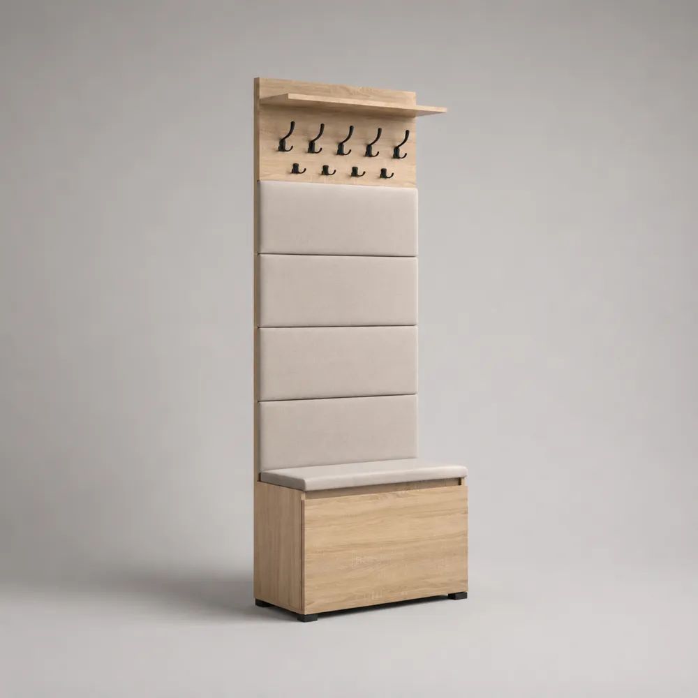 Meuble d’entrée en bois avec banc-coffre à chaussures, porte-manteau à 9 crochets et tablette, chêne clair et beige, 65 × 35 × 190 cm