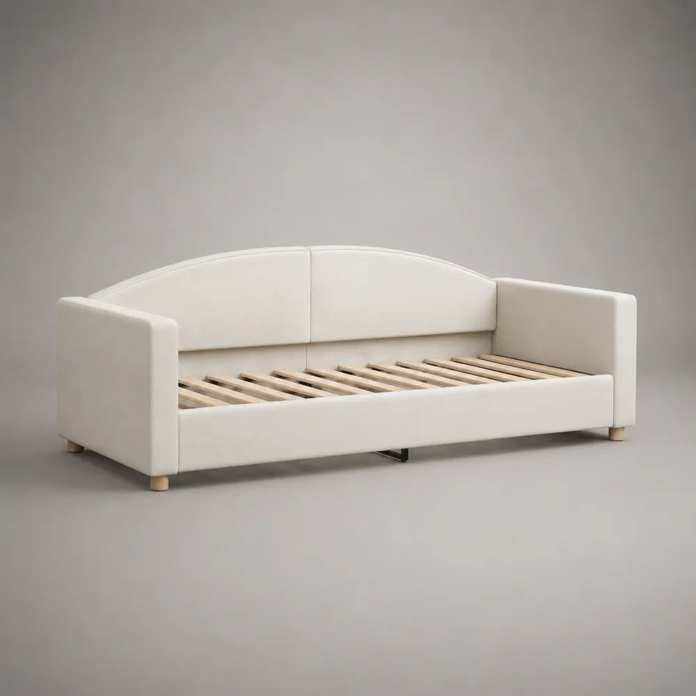 Lit banquette 1 place rembourré en tissu crème avec sommier à lattes, couchage 90 × 200 cm, dimensions 214 × 102 × 82 cm