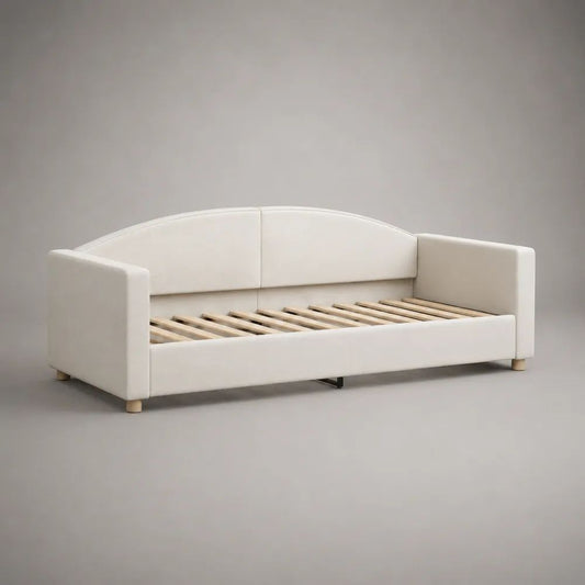 Lit banquette 1 place rembourré en tissu crème avec sommier à lattes, couchage 90 × 200 cm, dimensions 214 × 102 × 82 cm