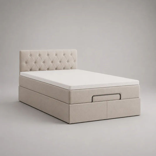 Lit coffre 2 places beige 140 x 190 cm avec matelas en mousse de 18 cm et tête de lit capitonnée en tissu