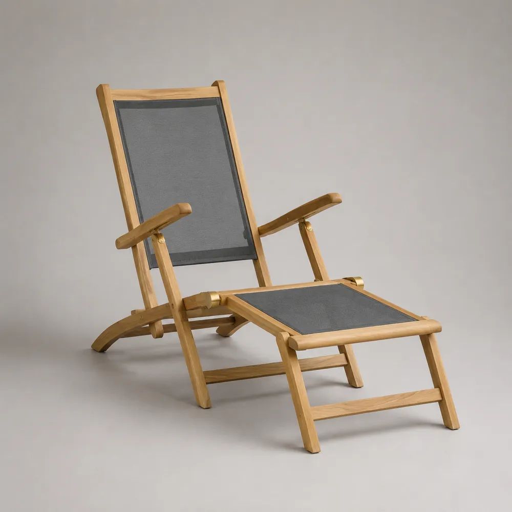 Fauteuil relax inclinable pliable avec repose-pieds intégré en bois massif et toile gris anthracite, 160 × 60 × 94 cm