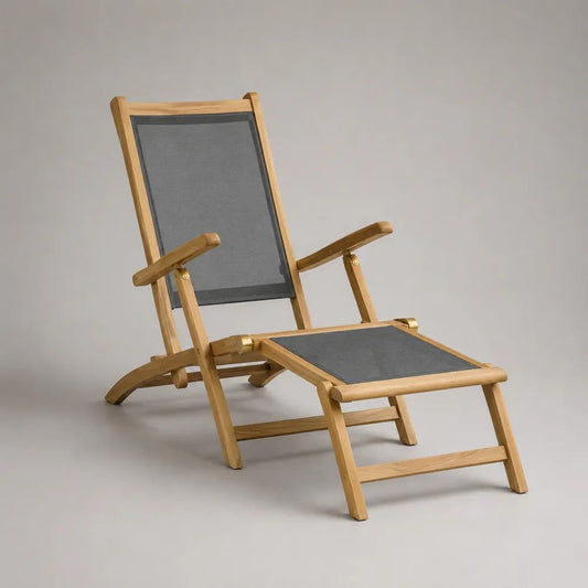 Fauteuil relax inclinable pliable avec repose-pieds intégré en bois massif et toile gris anthracite, 160 × 60 × 94 cm