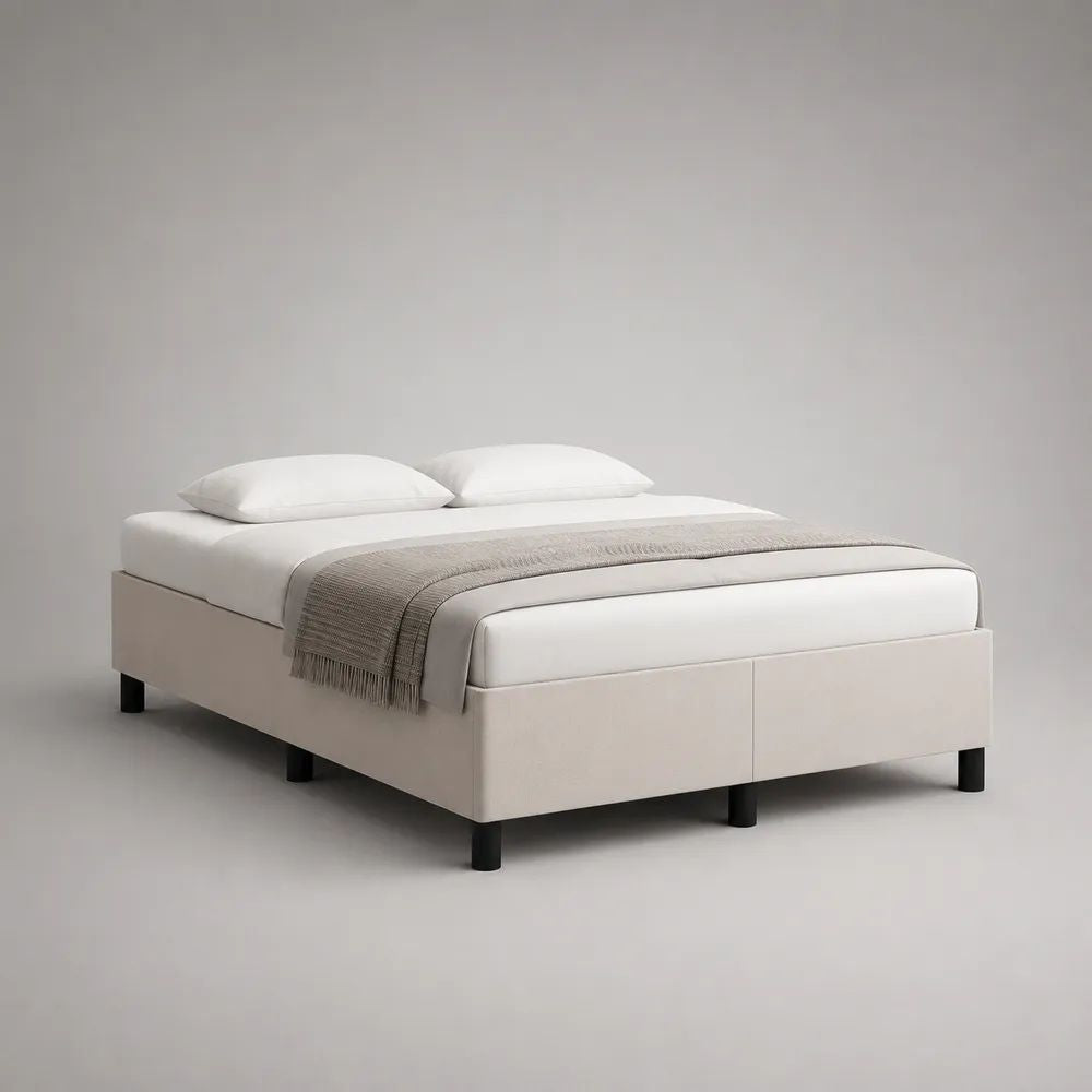 Cadre de lit double rembourré 160 × 200 cm avec sommier à lattes en contreplaqué, tissu blanc cassé, sans tête de lit