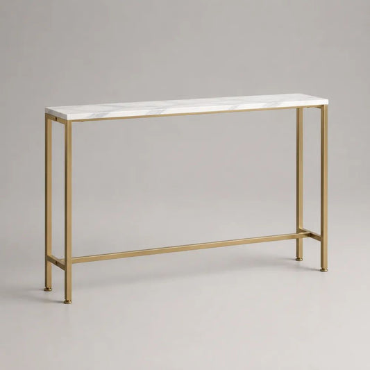 Console rectangulaire en acier et MDF effet marbre blanc et doré, 120 × 30 × 80 cm