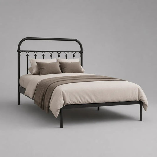 Lit double 140 x 190 cm avec cadre en acier noir et tête de lit