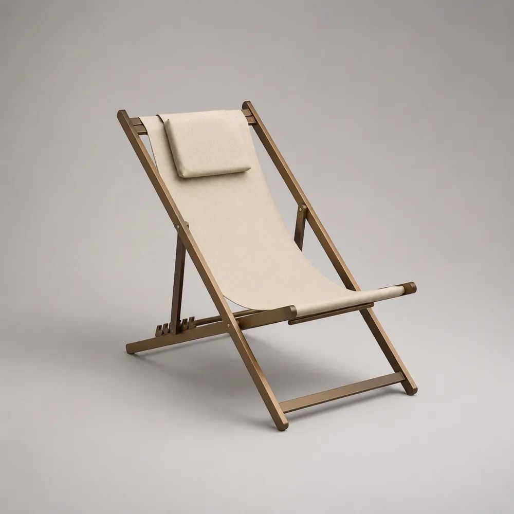 Transat de jardin pliant en bois marron avec toile écrue, appui-tête et dossier réglable, 98 × 60 × 92 cm