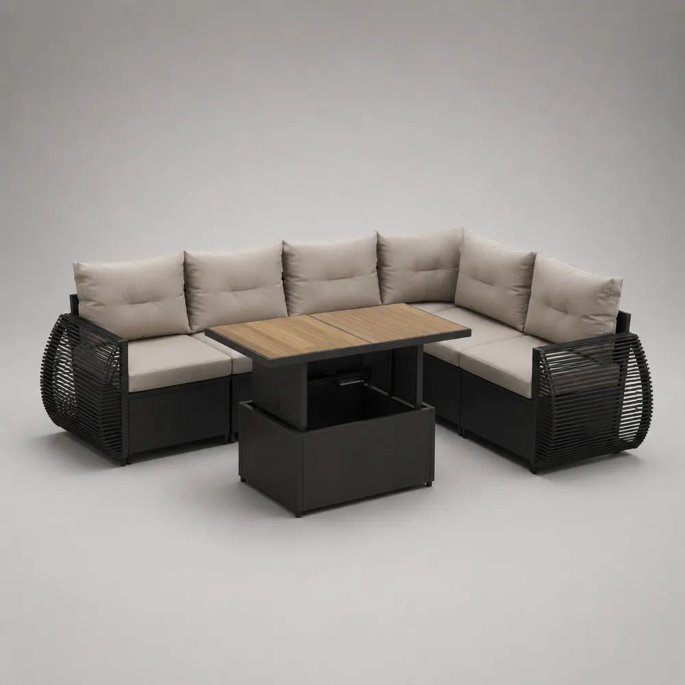Salon de jardin d’angle 6 places 4 pièces en résine tressée et acier anthracite, coussins beiges et table relevable, 207 x 207 x 75 cm