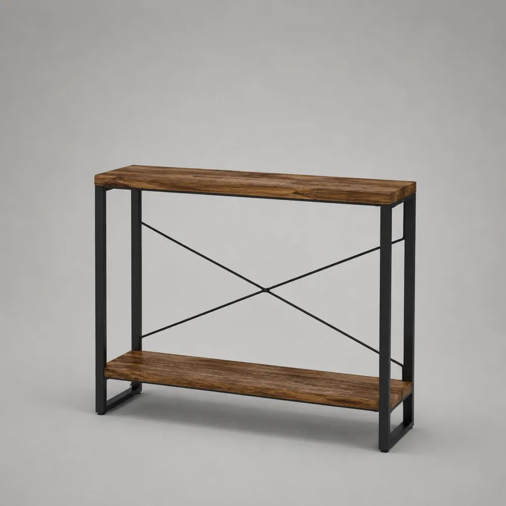 Console d’entrée rectangulaire en bois et métal, marron et noir, 100 × 30 × 80 cm