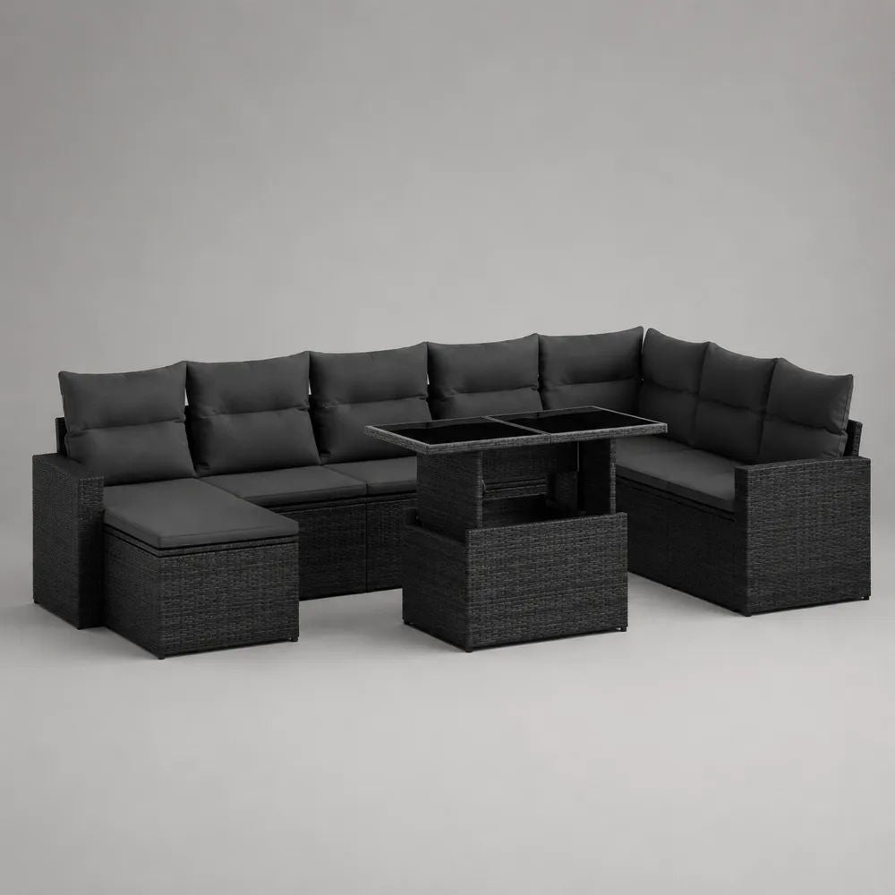 Salon de jardin extérieur 11 places en résine tressée noire, ensemble 7 pièces avec coussins gris anthracite, canapé d’angle 257 x 191 x 74 cm et table 140 x 70 x 68 cm