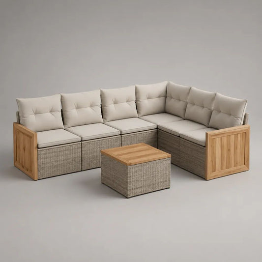 Salon de jardin d’angle 5 places en résine tressée et acacia avec coussins beige clair et table basse – 247 × 247 × 74 cm