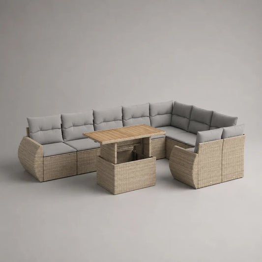 Salon de jardin d’angle 11 places avec table et 3 tabourets en résine tressée et bois, beige, gris clair et marron, 280 × 220 × 76 cm